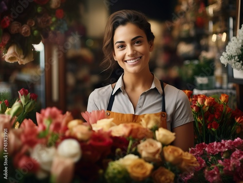 A vibrant and authentic portrait of a cheerful saleswoman smiling in a beautiful flower shop  showcasing the joy and warmth of working in a colorful and inviting environment.