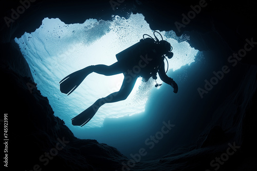 silhouette of a diver against the light coming from an underwater cave opening