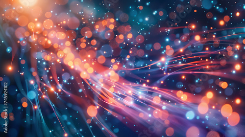 Vibrant abstract image showcasing the dynamic flow of fiber optic lights with a colorful bokeh effect. © Davin
