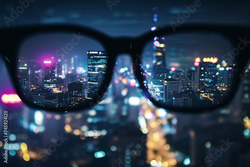 view through glasses at night, vibrant city lights