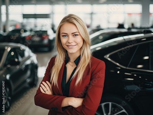 Friendly and approachable saleswoman with warm smile and professional demeanor, standing in realistic car dealership setting, ready to assist customers with their car purchase