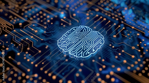 A digital illustration of a brain on an electronic circuit board. Brain on circuit board in sky blue color. Technology and connection concept.