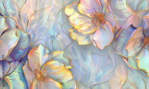 elegant holographic art nouveau floral pattern with golden outlines on a soft pastel background photo