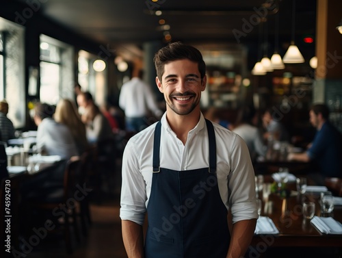 A warm and inviting photograph of a friendly waiter smiling at the camera while serving in a cozy and charming restaurant setting, creating a welcoming atmosphere for diners.