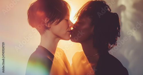Studio portrait of interracial lesbian couple kissing, gray background, dramatic neon rainbow lights