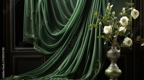 A vase filled with white flowers placed next to a green curtain