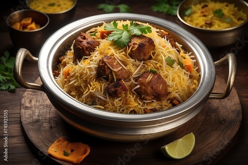 Chicken Biryani with Rice and Vegetables. Traditional, Delicious and spicy indian meat biryani in traditional pot