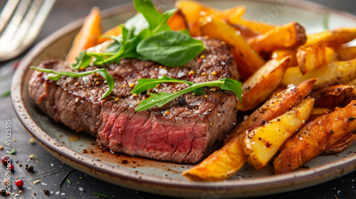 Culinary Indulgence: Medium-Rare Steak and Golden Fries, steak and chips served on a plate with garnish
