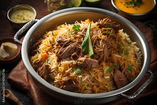 Pilaf with meat and vegetables on a plate. Indian cuisine.