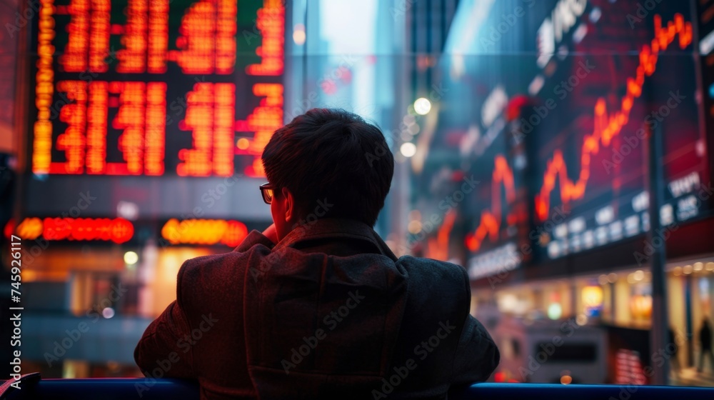 Contemplative man against a backdrop of vibrant stock market displays, illustrating market research and strategic thinking, comma, ideal for economic editorials.