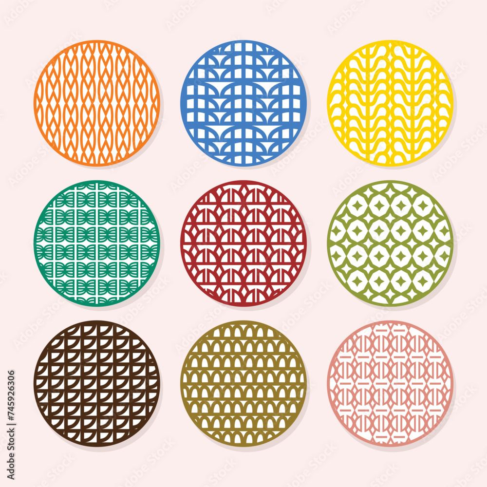 Trendy colorful modern abstract circle and round art deco pattern emblems decoration set on pink background Trendy colorful modern abstract circle and round art deco pattern emblems decoration set on pink background