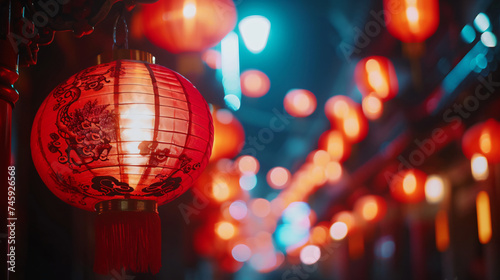 Close-up of Chinese red lantern in the night.
