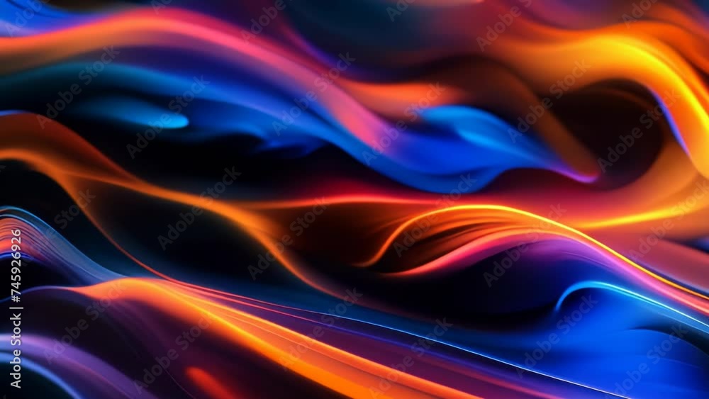 Video animation of raceful motion of light waves, intertwining and illuminating the dark background with their vibrant colors. The lights, predominantly in hues of blue and orange Video animation of raceful motion of light waves, intertwining and illuminating the dark background with their vibrant colors. The lights, predominantly in hues of blue and orange