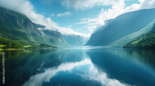 Majestic Norwegian Fjord with Crystal Clear Reflections in Calm Waters. photo