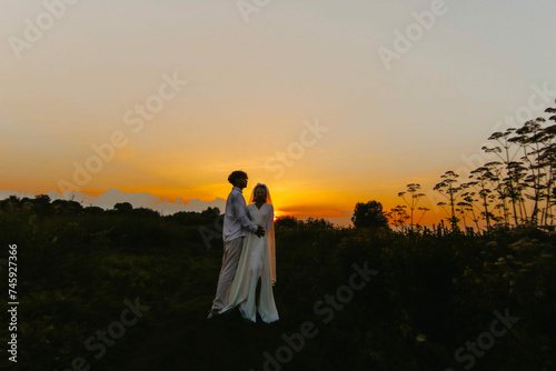 silhouettes of a newlywed couple in love in a field at sunset. Outdoor wedding in summer