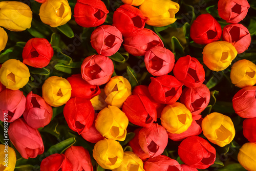 Close-up of the colorful artificial tulips flowers. Colorful artificial tulips background. Flowers background. Flower and plant.