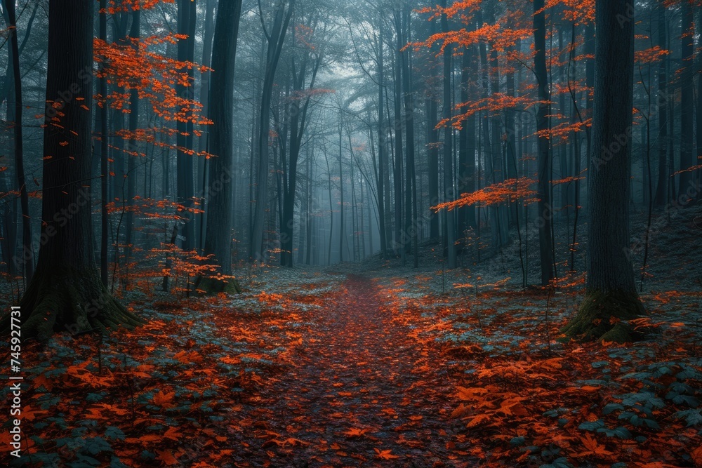 Fototapeta premium Misty Autumn Path Through Deep Teal Forest with Copper Leaves