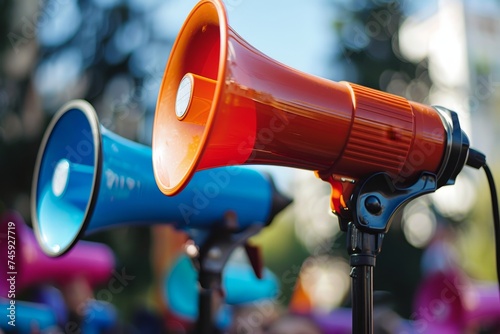 Large brightly colored mike megaphone, in the style of dark orange and sky-blue, soft-focus, public interventions, International Day for Countering Hate Speech.