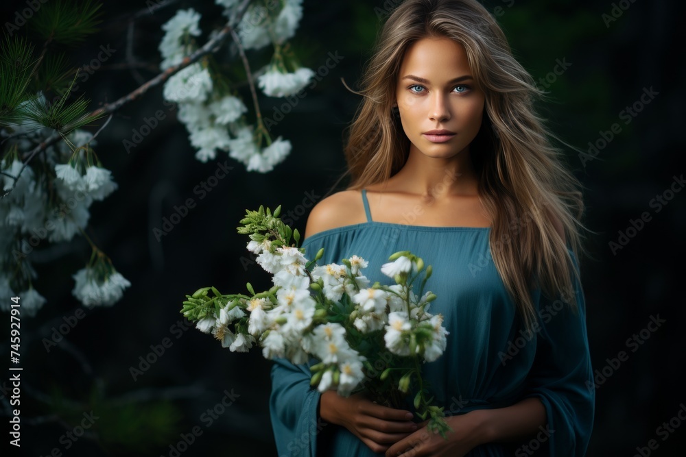Stunning young woman in elegant dress holding bouquet of beautiful white flowers