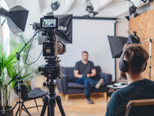 A content creator filming a promotional video for a product launch in a studio