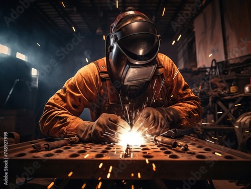 A skilled welder dressed in safety gear is seen diligently focused on a welding job, wearing a protective mask and using specialized tools to complete the task. photo