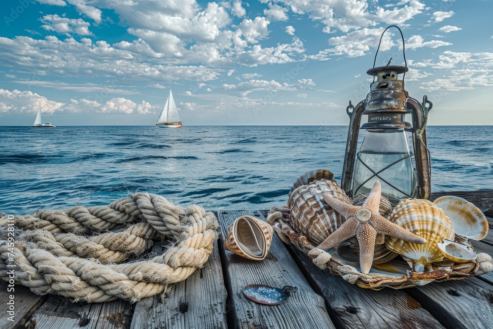 Obraz premium a small wooden dock is decorated with sea shells, in the style of detailed ship sails, Day of the Seafarer.