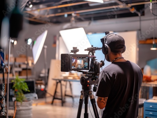 A content creator filming a promotional video for a product launch in a studio