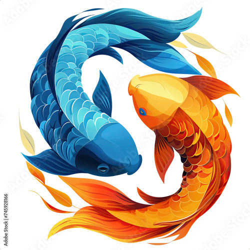 Piscis fondo blanco, signo zodíaco 2 peces, uno azul y otro naranja enfrentados, fondo blanco. Recurso gráfico, ying & yang, símbolo, diseño papel pintado, arte decorativo tatuajes. 