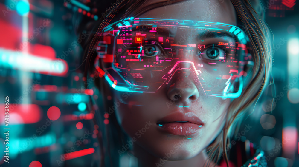 Technologic Futuristic Girl with VR Glasses in Megaverse Technologic Futuristic Girl with VR Glasses in Megaverse