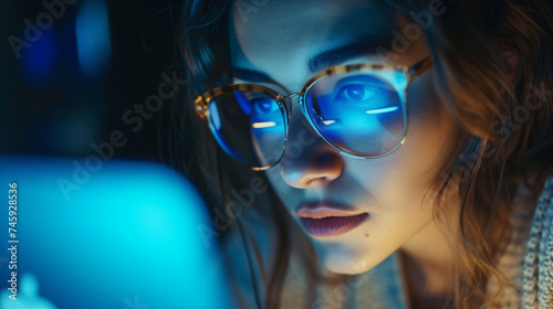 Close-up of tired woman using ChatGPT AI and wor...