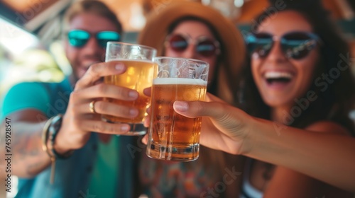 Summer cheers: Group of friends toasting with craft beer, sharing joy and laughter on a sunny beach vacation, embodying friendship and leisure.
