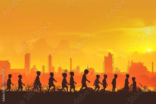 A silhouette of children walking near field at sunrise, in the style of depictions of urban life.