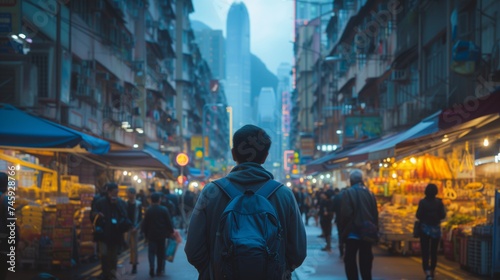 Young traveler exploring bustling city market street, urban discovery, cultural immersion, backpacking adventure. 