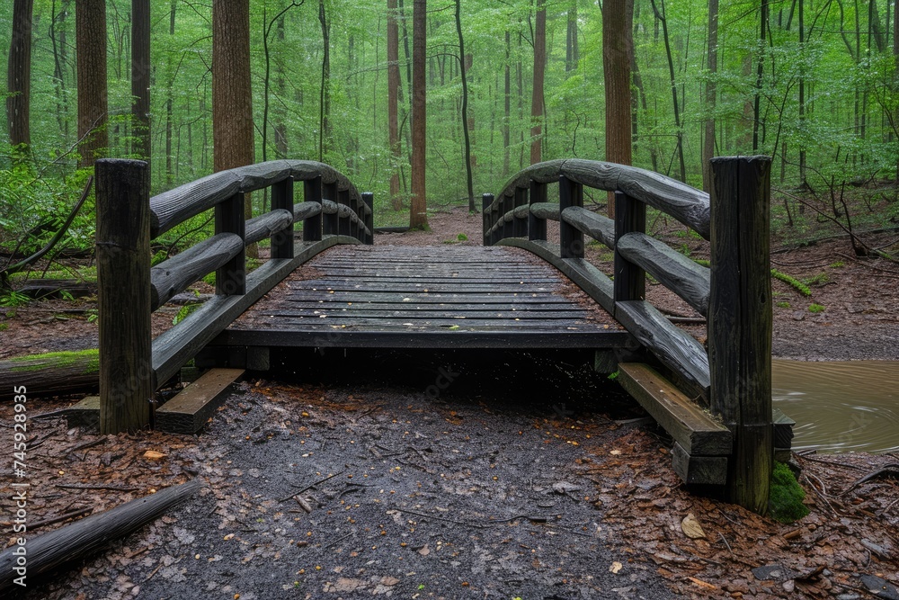 Fototapeta premium Serene Forest Path: Rustic Wooden Footbridge in Verdant Canopy