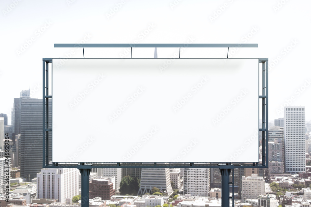 Blank white billboard on cityscape background at daytime, front view. Mock up, advertising concept Blank white billboard on cityscape background at daytime, front view. Mock up, advertising concept