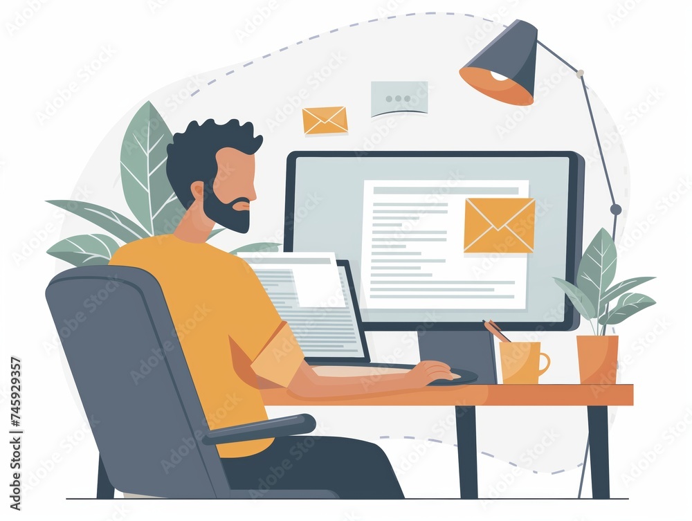 Illustration of a digital marketer designing an email newsletter template on a computer at home Illustration of a digital marketer designing an email newsletter template on a computer at home