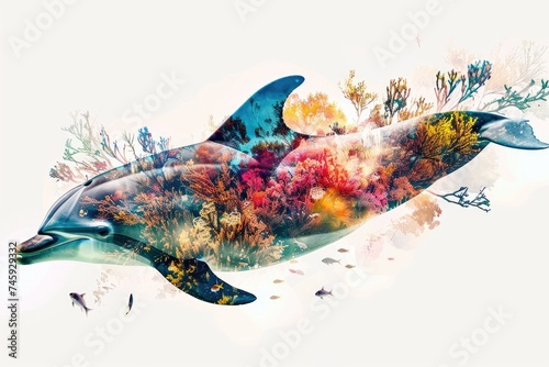 A graceful dolphin merged with the vibrant colors of a coral reef in a double exposure