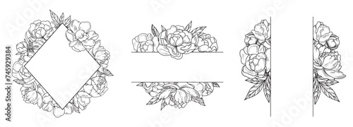 Set of vector vertical and horizontal frames with exquisite peony flowers. Graphic linear drawing on a white background. Suitable for invitations, wedding decorations, cards