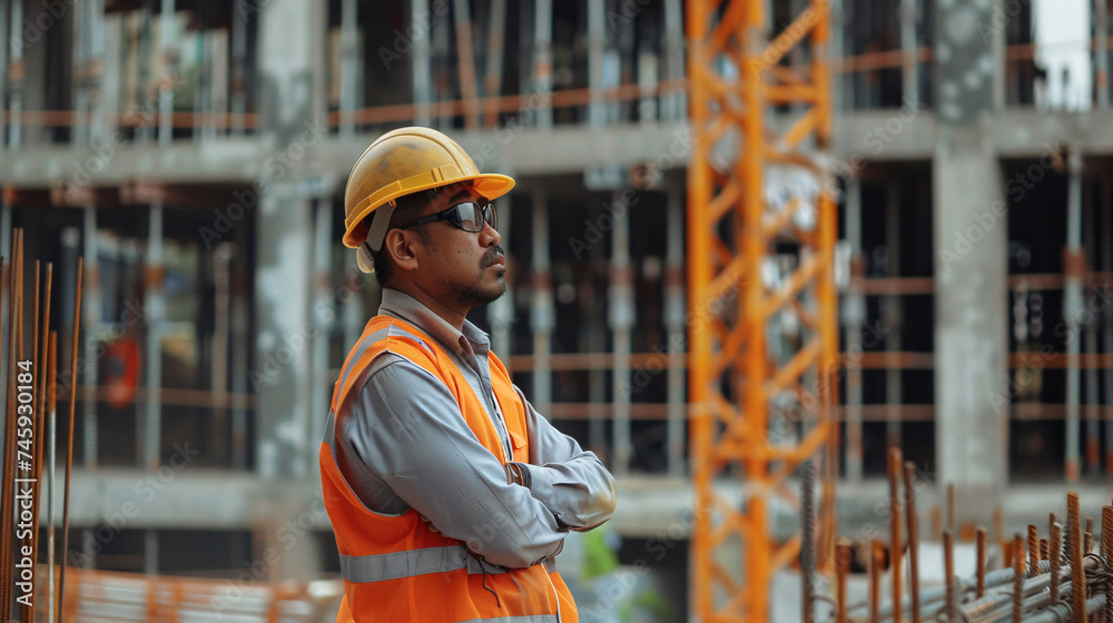 Hardworking construction worker in yellow hat at industrial site, ensuring safety, managing warehouse tasks, and contributing to the construction industry with dedication and expertise Hardworking construction worker in yellow hat at industrial site, ensuring safety, managing warehouse tasks, and contributing to the construction industry with dedication and expertise