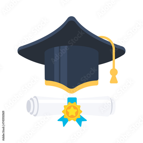 Graduation Cap with Degree. Diploma scroll. University degree certificate. Vector illustration