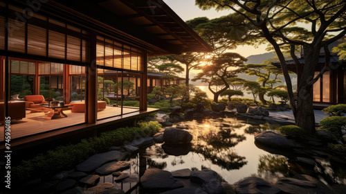 3D render  Exterior design concept  Japanese Resort by the Natural background  Retreat and Relax Space. travel and vacation background