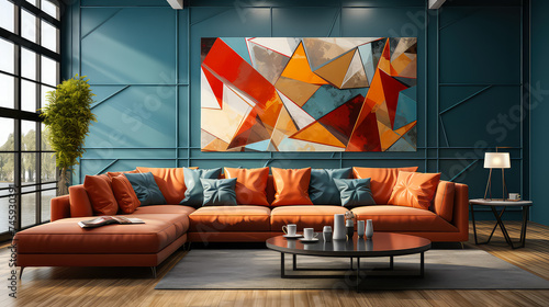 3D rendering Living Room Concept: A Stylish and Inviting Space for Modern Living Room with colorful and abstract mural wall, Contemporary Design Elements, and interior design idea for decorate