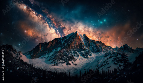 Beautiful Starry Night, Colorful Sky and Majestic Mountains under the Milky Way Galaxy, natural landscape background