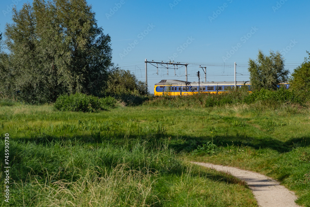intercity train ICM Plan Z Koploper near meadow in Gouda Goverwelle, Netherlands
