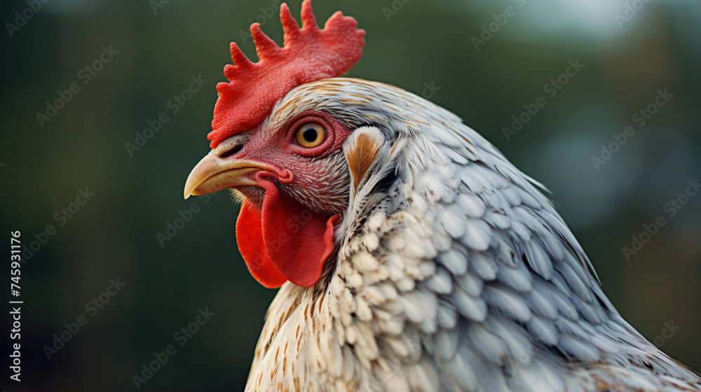 Closeup of Ancona Chicken Looking Around.