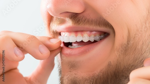 Young Caucasian man inserting a dental aligner. Close-up view. Aligning the way to a happier, healthier smile.
