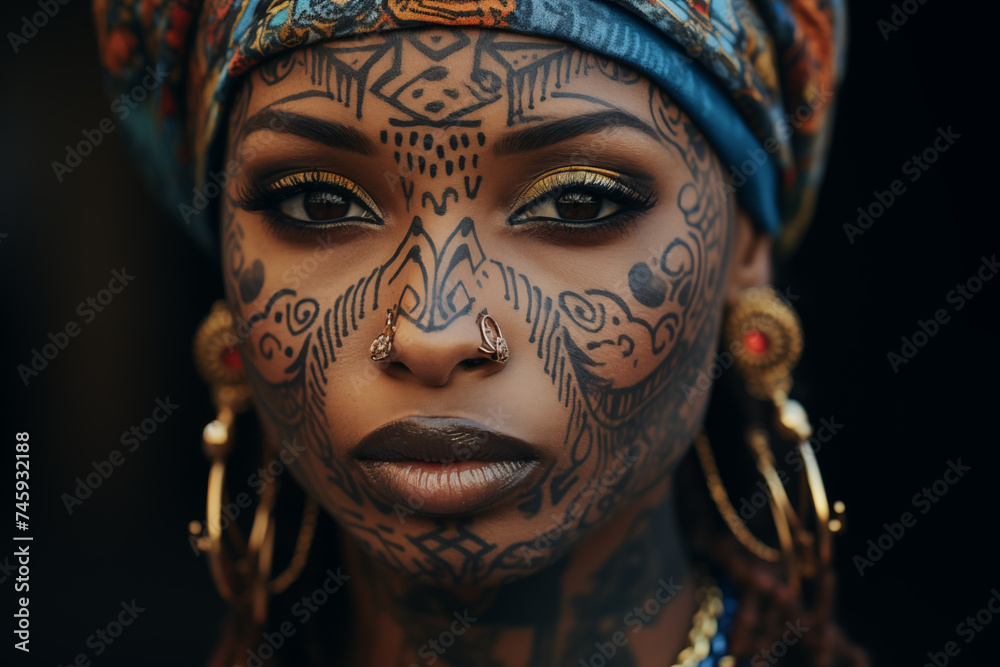 Fototapeta premium Close-up of a black woman's face featuring intricate traditional and contemporary styled facial tattoos.