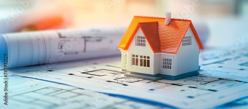 a small model house sitting on top of a blueprint, architectural plans , construction mortgage and real state concept, horizontal background, home construction plan   © XC Stock