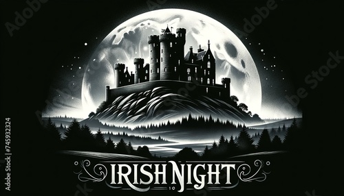 Enchanting Irish Castle under Full Moon in a Mystical Font