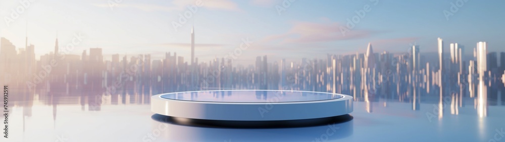 A high-gloss, reflective podium displaying a luxury accessory with a futuristic cityscape in the background. - obrazy, fototapety, plakaty 